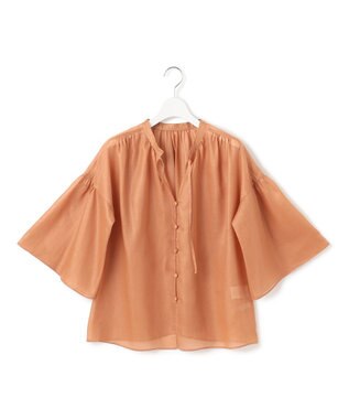 23区 L 【洗える】ソフトシアーフィルム ギャザー ブラウス ライトオレンジ系