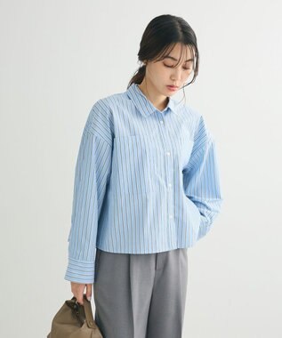 Green Parks イージーケアショート丈ストライプシャツ Blue