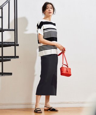 自由区 【UVカット・洗える】クレープストレッチボーダー ニット オフホワイト×ブラック(ボーダー)