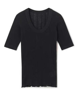 uncrave 【手洗い可】シアー ランダムリブ Uネック カットソー（uncrave STANDARD） ブラック