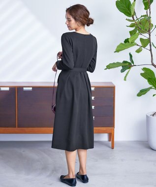 Tiaclasse 【洗える】ベルト付キーネックポケットワンピース ブラック