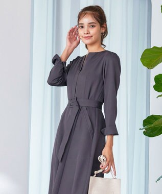 Tiaclasse 【洗える】ベルト付キーネックポケットワンピース チャコール