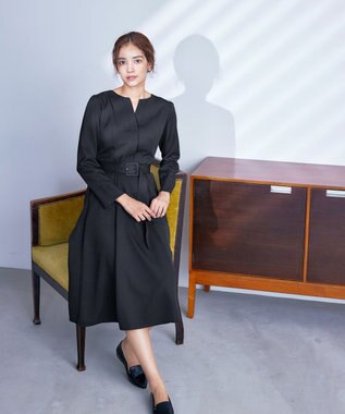 Tiaclasse 【洗える】ベルト付キーネックポケットワンピース ブラック