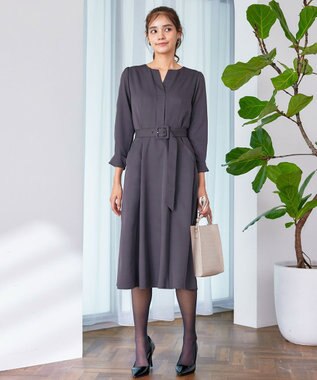 Tiaclasse 【洗える】ベルト付キーネックポケットワンピース チャコール