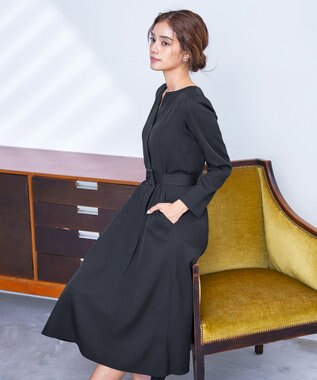 Tiaclasse 【洗える】ベルト付キーネックポケットワンピース ブラック