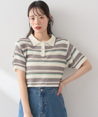 earth music&ecology キラキラボタン透かしニットポロ