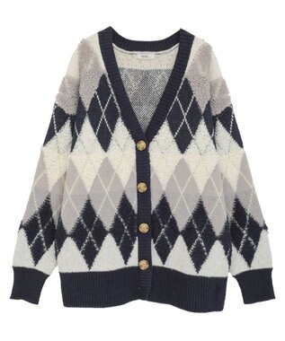 earth music&ecology ループ編みアーガイルカーディガン Navy