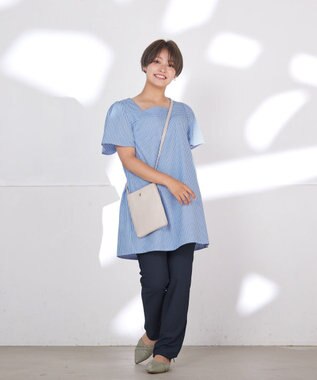 Tiaclasse 【洗える】ストライプフレアスリーブチュニックブラウス ブルー