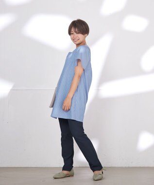 Tiaclasse 【洗える】ストライプフレアスリーブチュニックブラウス ブルー