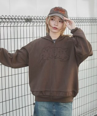 WEGO 【ユニセックス着用ITEM】ダメージアップリケレイヤードZIPパーカー ブラウン