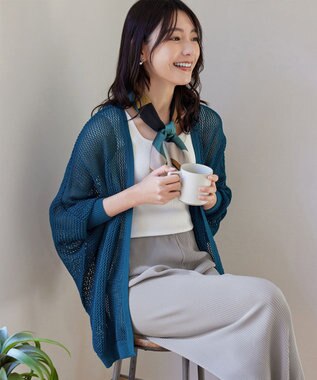 Tiaclasse L 【洗える】メッシュ編みニットドルマンカーディガン ターコイズ