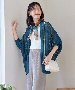 Tiaclasse L 【洗える】メッシュ編みニットドルマンカーディガン ターコイズ