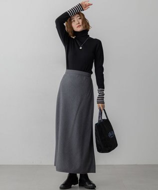 23区 L 【見上愛さん着用/VERY掲載/洗える】ウーステッドウール リブタートル ボーダー ニット ブラック×ベージュ