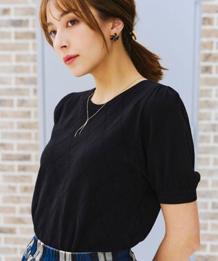 Tiaclasse 【洗える】ダイヤ柄編みサマーニットトップス ブラック