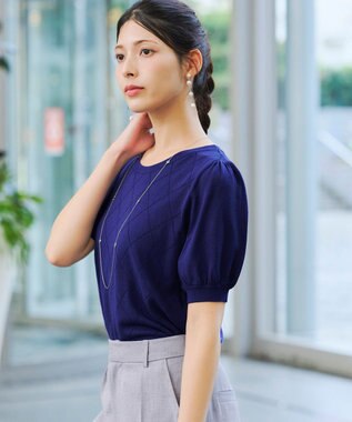 Tiaclasse 【洗える】ダイヤ柄編みサマーニットトップス ネイビー