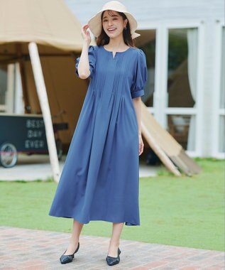 Tiaclasse 【洗える】ボリュームパフスリーブピンタックワンピース ブルー