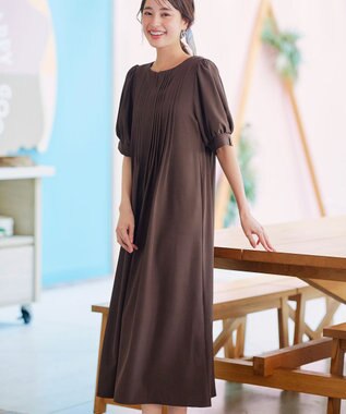 Tiaclasse 【洗える】ボリュームパフスリーブピンタックワンピース ブラウン