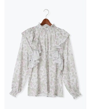 Te chichi フラワーパターンシアーフリルブラウス カーキ