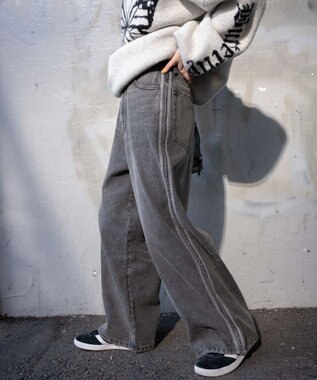 WEGO サイドラインワイドデニムパンツ スミクロ