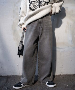 WEGO サイドラインワイドデニムパンツ スミクロ