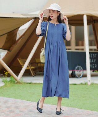 Tiaclasse 【洗える】ボリュームパフスリーブピンタックワンピース ブルー