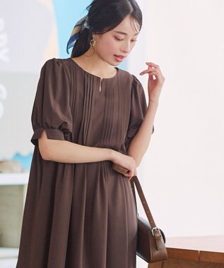 Tiaclasse 【洗える】ボリュームパフスリーブピンタックワンピース ブラウン