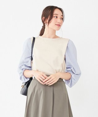 ANY SIS 【洗える】異素材コンビネジリパフ袖 プルオーバー アイボリー×ブルーストライプ