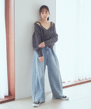 earth music&ecology 【WEB限定】SET2点ショートカーディガン＋リボンキャミソール Charcoal Gray