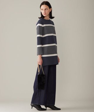 自由区 L 【セットアップ対応・洗える】ウールミラノボーダーチュニック丈 ニット グレー×シャンパンベージュ×ネイビー