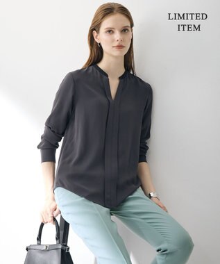 ICB L 【6/12-6/28期間限定・受注生産・WEB限定】BackSatinAmunzen キーネックブラウス チャコール×ブラック