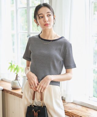 WEGO 【洗える/SML】コンパクトリブT ブラックボーダー