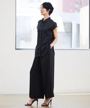 ICB 【接触冷感・洗える】サテンヨウリュウ ワイドストレートパンツ ブラック系