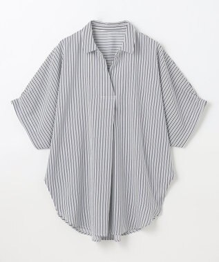 ANY L 【新色追加】スキッパーネック袖タックブラウス [WEB限定]ネイビーストライプ