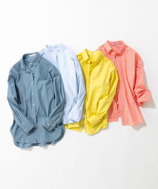 23区 L 【洗える】CANCLINI ベーシック シャツ ホワイト×マリンブルーストライプ