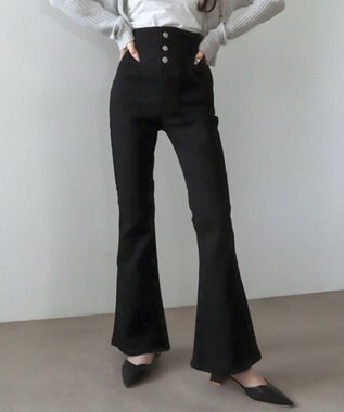 WEGO 【ストレッチ/美脚/脚長シルエット/XSSMサイズ展開】ハイウエストストレッチフレアデニムパンツ デニムブラック