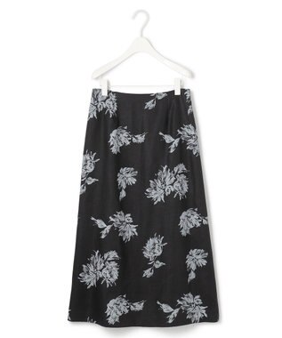 ICB L 【洗える】リネンオックスフラワープリント スカート ブラック系