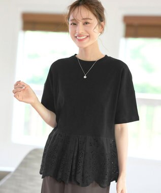 Tiaclasse 【洗える】刺繍レースドッキングカットソートップス ブラック