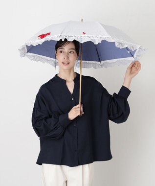 MOONBAT 【遮光/晴雨兼用日傘】POLO RALPH LAUREN(ポロ ラルフローレン) ストライプフリル 折りたたみ傘 楽折 遮熱 UV ネイビー（EC限定色）