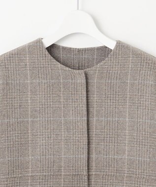 自由区 L 【17号サイズまで展開・カタログ掲載】ウールリバーチェック柄ノーカラー コート モカチェック