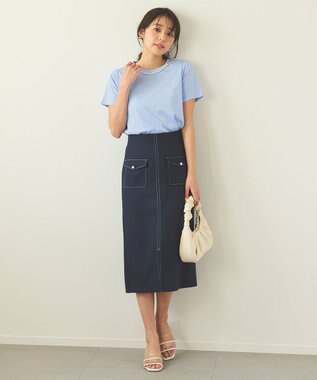 Feroux 【UVケア】パールネック Tシャツ スカイブルー系