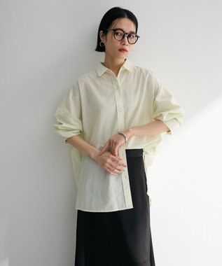 Green Parks 綿麻混レギュラーカラーＢＩＧシルエットシャツ Stripe Yellow