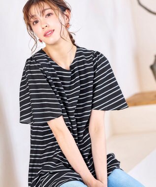 Tiaclasse 【洗える】ランダムボーダーチュニックブラウス ブラック