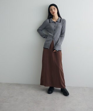 Green Parks 配色レイヤードポロリブニットカーディガン Gray Mixture