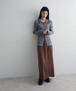 Green Parks 配色レイヤードポロリブニットカーディガン Gray Mixture