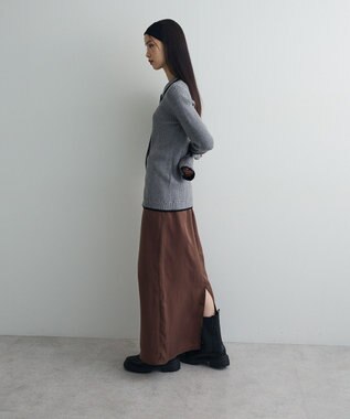 Green Parks 配色レイヤードポロリブニットカーディガン Gray Mixture