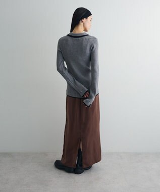 Green Parks 配色レイヤードポロリブニットカーディガン Gray Mixture