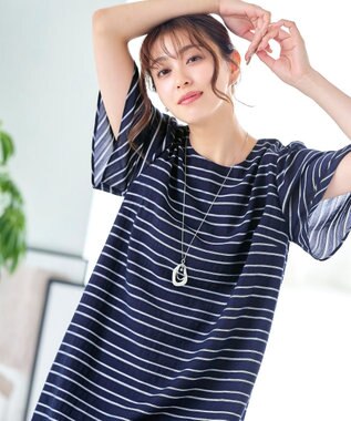 Tiaclasse 【洗える】ランダムボーダーチュニックブラウス ネイビー