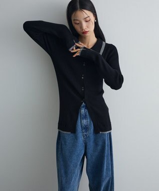 Green Parks 配色レイヤードポロリブニットカーディガン Black