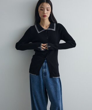 Green Parks 配色レイヤードポロリブニットカーディガン Black