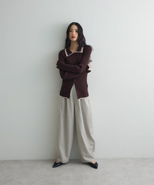 Green Parks 配色レイヤードポロリブニットカーディガン Brown